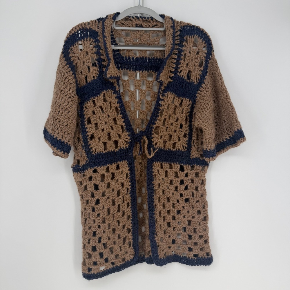 Handmade Crochet Granny Square Cardigan Womens Large Brown Navy Boho Retro 70s